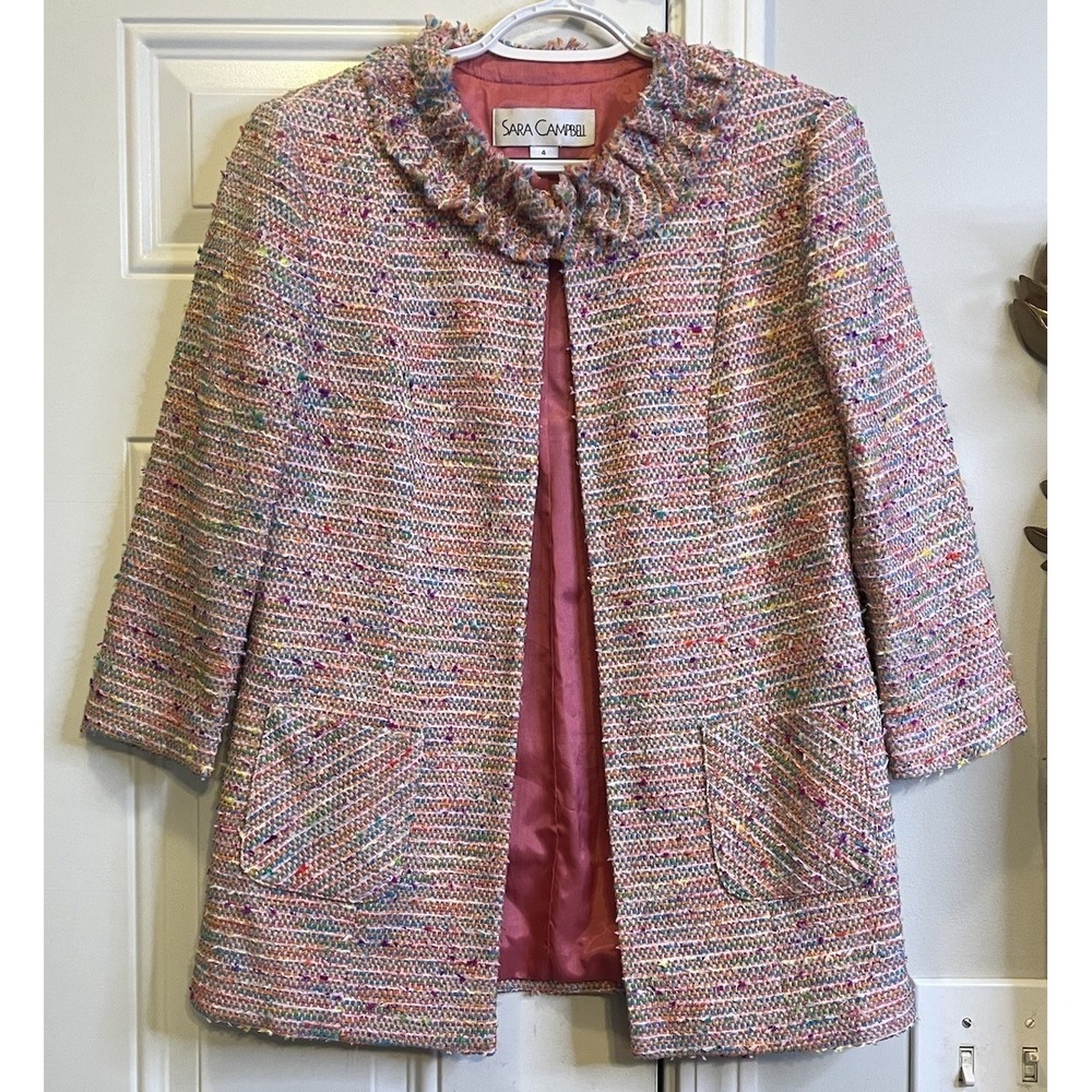 Sara Campbell Rainbow Tweed Jacket Ruffle Collar Confetti Boucle Open Blazer 4